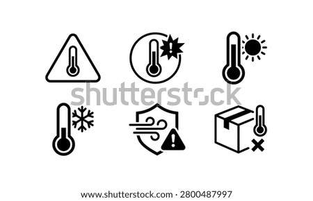 Temperature vector icons set black and white climate symbols.