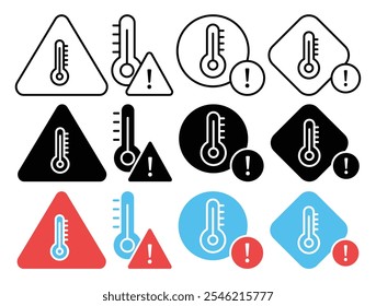 Colección del icono del Vector de la señal de advertencia de la temperatura. sistema de la Ilustración vectorial.