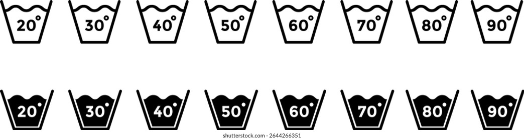 ícone de lavagem de temperatura conjunto 1. Vestuário de lavagem 20, 30, 40, 50, 60, 70, 80, 90 graus celsius. Informações de aviso. Lavagem manual ou mecânica. Limpeza a seco. Símbolos de lavandaria
