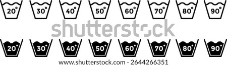 temperature wash icon set 1. Washing clothing 20, 30, 40, 50, 60, 70, 80, 90 degree celsius. Warning information. Hand wash or machine wash. Dry cleaning. Laundry symbols
