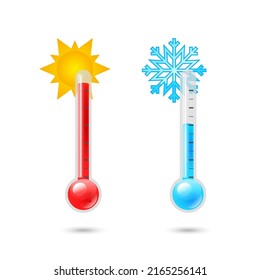 Termómetros climáticos de temperatura con escalas Celsius y Fahrenheit. Dos vectores realistas de un conjunto de iconos de termómetro de 3d meteorológico. Sol y copo de nieve. Termómetro caliente frío. Vector de meteorología de termostato