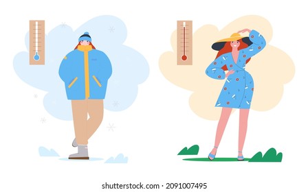 Temperaturas en verano e invierno. La chica al lado de la bolsa está vestida para la temporada. Veranos calurosos e inviernos fríos. Ilustración vectorial plana