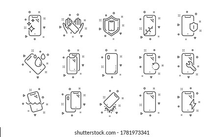 Tempered glass, screen protector and water resistant. Smartphone protection line icons. Phone cover, display glass protection and shockproof device icons. Linear set. Geometric elements. Vector