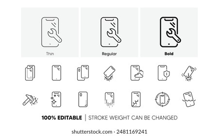 Gehärtetes Glas, Displayschutz und wasserdicht. Symbole für Smartphone-Schutzlinien. Telefonabdeckung, Display-Glasschutz und stoßfeste Gerätesymbole. Linearer Satz. Liniensymbole gesetzt. Vektorgrafik