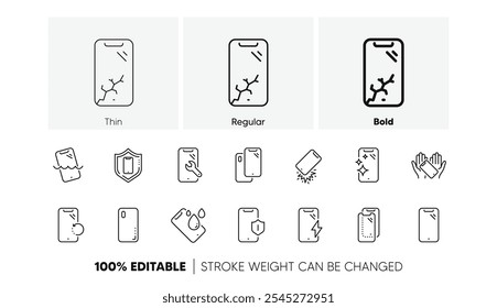 Vidro temperado, protetor de tela e resistente à água. Ícones de linha de proteção do Smartphone. Capa de telefone, proteção de vidro de exibição e ícones de dispositivo à prova de choque. Conjunto linear. Conjunto de ícones de linha. Vetor