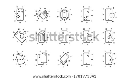 Tempered glass, screen protector and water resistant. Smartphone protection line icons. Phone cover, display glass protection and shockproof device icons. Linear set. Geometric elements. Vector