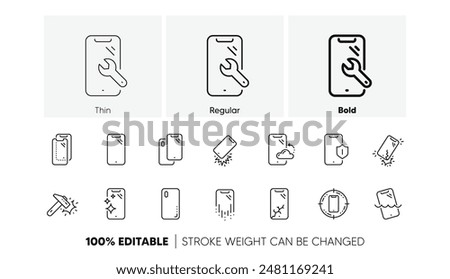 Tempered glass, screen protector and water resistant. Smartphone protection line icons. Phone cover, display glass protection and shockproof device icons. Linear set. Line icons set. Vector