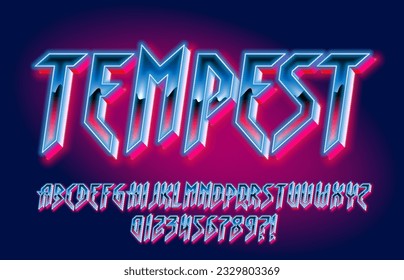 Tempest alphabet font. Glowing letters and numbers in heavy metal style. Retro typescript for your typography design.