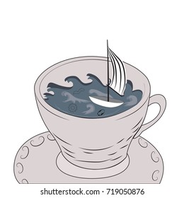Tempest in a teapot or storm in a teacup. Hand drawn cup of tea.