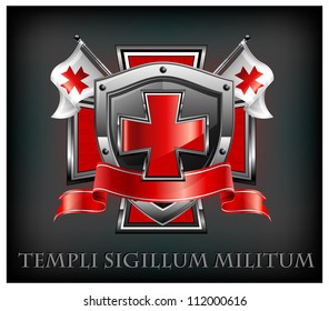 Templar emblem, cross, shield, sword and ribbon & text, vector illustration