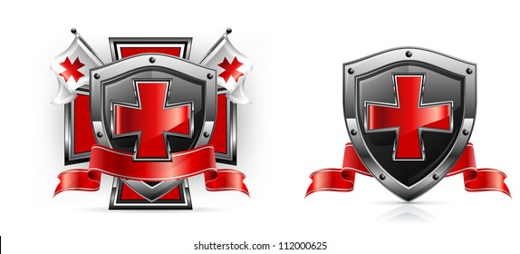 Templar emblem, cross, shield, sword and ribbon, vector illustration