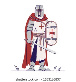 Templar knight flat vector illustration. Medieval fighter in armor isolated cartoon character with outline elements on white background. Middle ages crusader, swordsman. Fairytale warrior