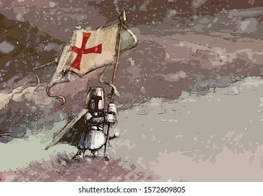 Templar - white knight standing on hill and holding banner with templar cross, cloudy sky and snowing - cartoon funny illustration