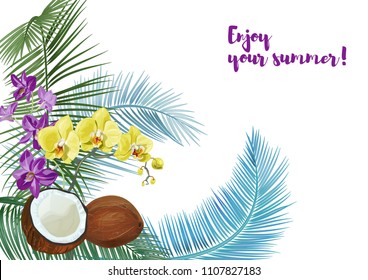 Templat for Nariyal Purnima, horizontal card: brown coconuts, palm leaves, purple Dendrobium, yellow Phalaenopsis orchid flowers. Tropical plants, white background, vector botanical illustration