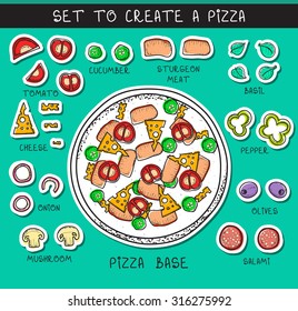 Templat pizza doodle sticker set of ingredients to build. 