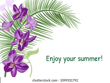 Templat for vacation invitation, horizontal card with purple Dendrobium orchid flowers, coconut palm leaf. Tropical plants on white background, vector botanical illustration for design