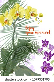 Templat for vacation invitation, vertical card: purple Dendrobium, yellow Phalaenopsis orchid flowers, coconut palm leaves. Tropical plants, white background, vector botanical illustration for design