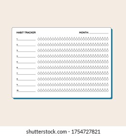 Template for 10 good habits in landscape format for 30 days. Useful tracker for creating good habits.