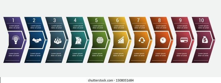  Template 10 Timeline Infographic. Horizontal numbered color arrows for text template infographic for ten positions