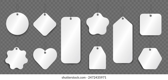 Template of 10 various white price tags with blank space for text on transparent background. Mockup of discount paper labels, shopping card, promotion badge, sticker, gift tag with string for hanging