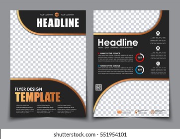 Template 2 A4 pages in black with bronze elements. flyer design with space for photos and YE code, diagrams and contact information. Vector illustration.