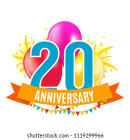 Template 20 Years Anniversary Congratulations, Greeting Card with Balloons Invitation Vector Illustration EPS10