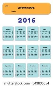Template 2016 calendar weeks start from Sunday