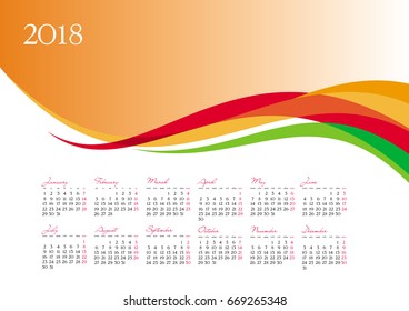 Template of 2018 calendar on orange background, vector illustration