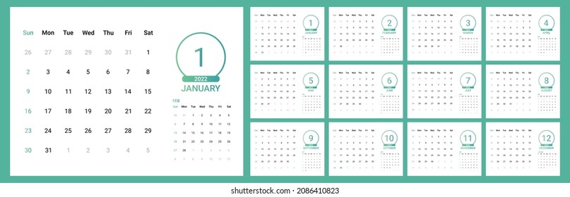 template of 2022 calendar. vector of calendar 2022 blue and green gradient theme. corporate wall calender ready to. week start on sunday. sunday as weekend. good for business, schedule, planner, etc.