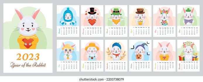 Template 2023 calendar cover cute rabbit. Cover and 12 months vector printable template. Bunny in hats in seasonal. Flat style character with flowers, St. Valentine, Patrick's day, Easter, Halloween, 