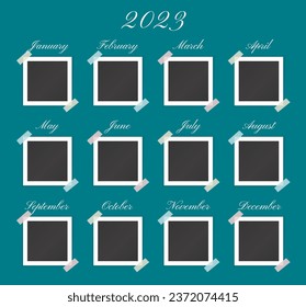 Template of 2023 year in pictures, photo and images. Album layout design with photograph frames for each month of year in calendar on blue background, vector mockup