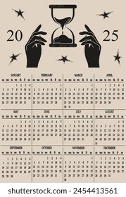 Template 2025 Calendar design with Mystical Sandglass. 2025 Calender design  in trendy vintage Grunge style. Minimal Vector aesthetic illustration. EPS 10. Editable stroke
