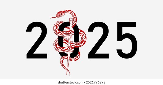 Modelo de 2025 texto e mão desenhado detalhados vermelho misterioso cobra enrolada em torno de um pau. Ilustração vetorial do réptil com pele escalada intrincada e número para o Ano da Cobra do zodíaco chinês.