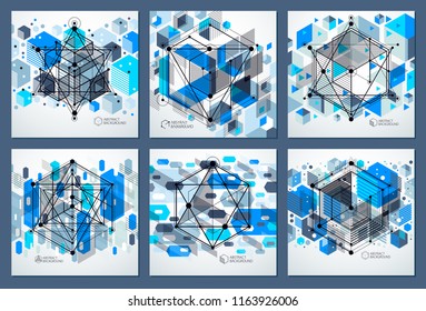 Template 3D blue design layout for brochures set , flyer , poster, advertising, cover, vector abstract modern background. Composition of cubes, hexagons, squares, rectangles and other elements.
