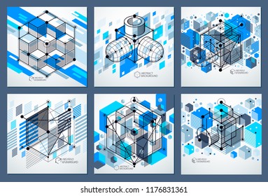 Template 3D blue design layout for brochures set , flyer , poster, advertising, cover, vector abstract modern background. Composition of cubes, hexagons, squares, rectangles and other elements.