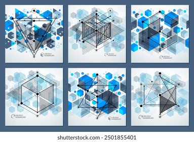 Template 3D blue design layout for brochures set , flyer , poster, advertising, cover, vector abstract modern background. Composition of cubes, hexagons, squares, rectangles and other elements.