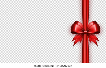 Template of 3d bright red bow with vertical silk ribbon isolated on transparent background. Three dimensional satin bow with tapes as gift wrapping element, present decoration or frame for card
