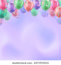 Template of 3d colorful realistic glossy balloons with confetti ribbons on blurred background and copy space for invitation or greeting text. Banner for birthday party, sale, opening event, holidays