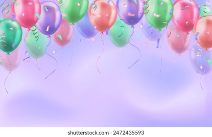 Template of 3d colorful realistic glossy balloons with confetti ribbons on blurred background and copy space for invitation or greeting text. Banner for birthday party, sale, opening event, holidays