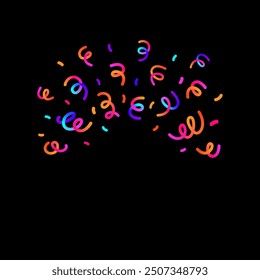 Template with 3d confetti from crackers, flying from center to sides neon ribbon, serpentine on black background, square banner with fireworks for birthday celebration with empty space. Vector EPS10