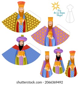 Template for 3D cut out figures of three biblical kings (Caspar, Melchior and Balthazar). Dia de reyes! (Three Kings Day!). Vector illustration

