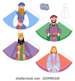 Template for 3D cut out figures of characters of Esther Book (Achashveirosh, Mordechai, Esther, Haman). Purim. Jewish holiday. Vector illustration

