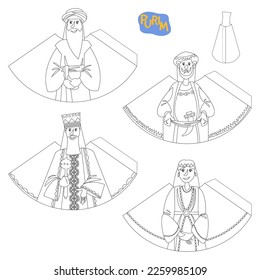 Template for 3D cut out figures of characters of Esther Book (Achashveirosh, Mordechai, Esther, Haman). Purim. Jewish holiday. Coloring page. Vector illustration

