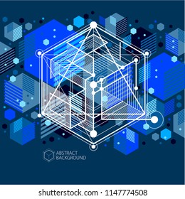 Template 3D dark blue design layout for brochure , flyer , poster, advertising, cover, vector abstract modern background. Composition of cubes, hexagons, squares, rectangles and different abstract ele