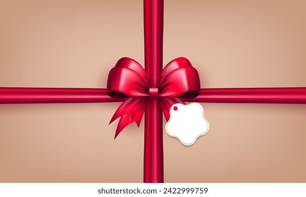 Template of 3d pink bow with horizontal and vertical silk ribbons and paper label tag in the center on beige background. Red bow with crossed tapes as gift box wrapping or greeting card for holidays