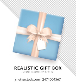 Template of 3d realistic blue gift box with beige silk bow and hanging tag with space for greeting text. Three dimensional present wrap package with crossed ribbon and white empty label. Top view