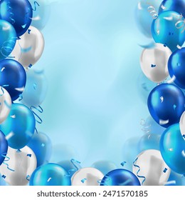 Template of 3d realistic glossy balloons with confetti ribbons on blurred blue background and copy space for invitation or greeting text. Party banner for birthday party, sale, opening event, holidays