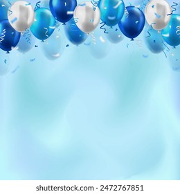 Template of 3d realistic glossy balloons with confetti ribbons on blurred blue background and copy space for invitation or greeting text. Party banner for birthday party, sale, opening event, holidays