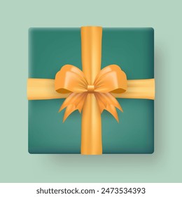 Template of 3d realistic green gift box with golden silk bow top view isolated on transparent background. Three dimensional present wrap package with crossed ribbon and white empty label