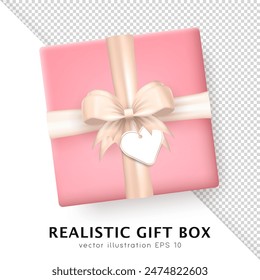 Template of 3d realistic pink gift box with beige silk bow and hanging tag with space for greeting text. Three dimensional present wrap package with crossed ribbon and white empty label. Top view